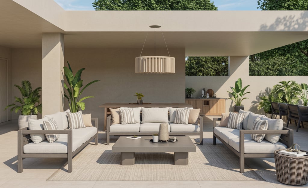 a patio with a couch and a table