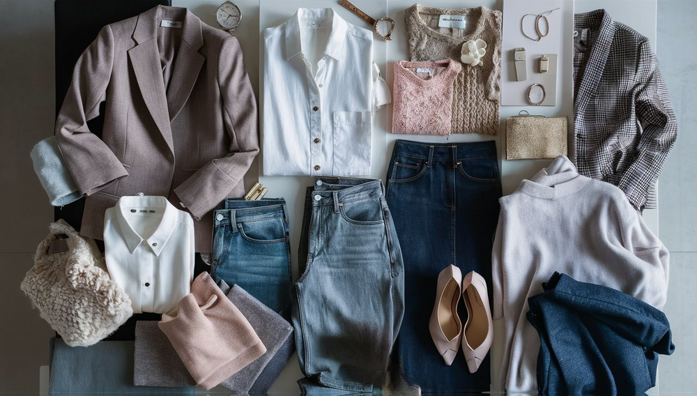 a bunch of clothes and accessories on a table