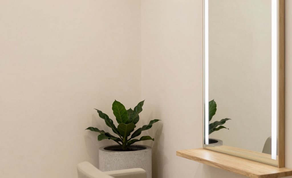 Quiet, elegant corner of the physical Casadei beauty salon, minimalist warm cream interior, soft diffused daylight, concrete planters with green foliage