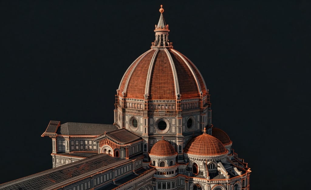 A clean digital interface of an interactive architectural puzzle game showing a 3D wireframe of a historic cathedral dome, glowing orange lines on a dark background