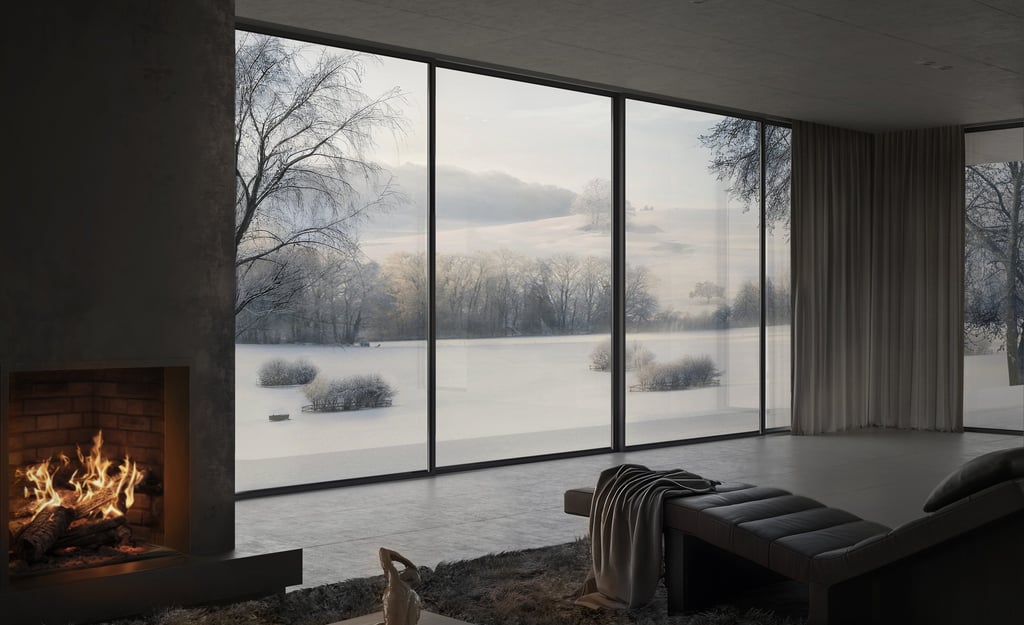 Interior de un hogar en la naturaleza muy minimalista y frio. Lounge chair negro y hogar a leña.