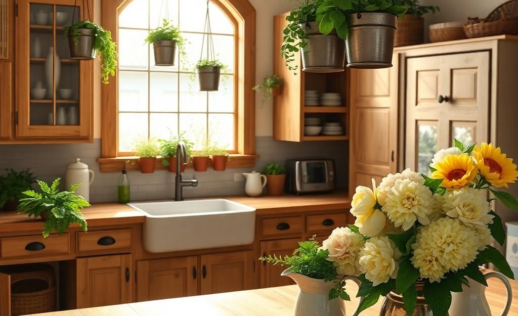 a kitchen with a wooden table and a vase with flowers