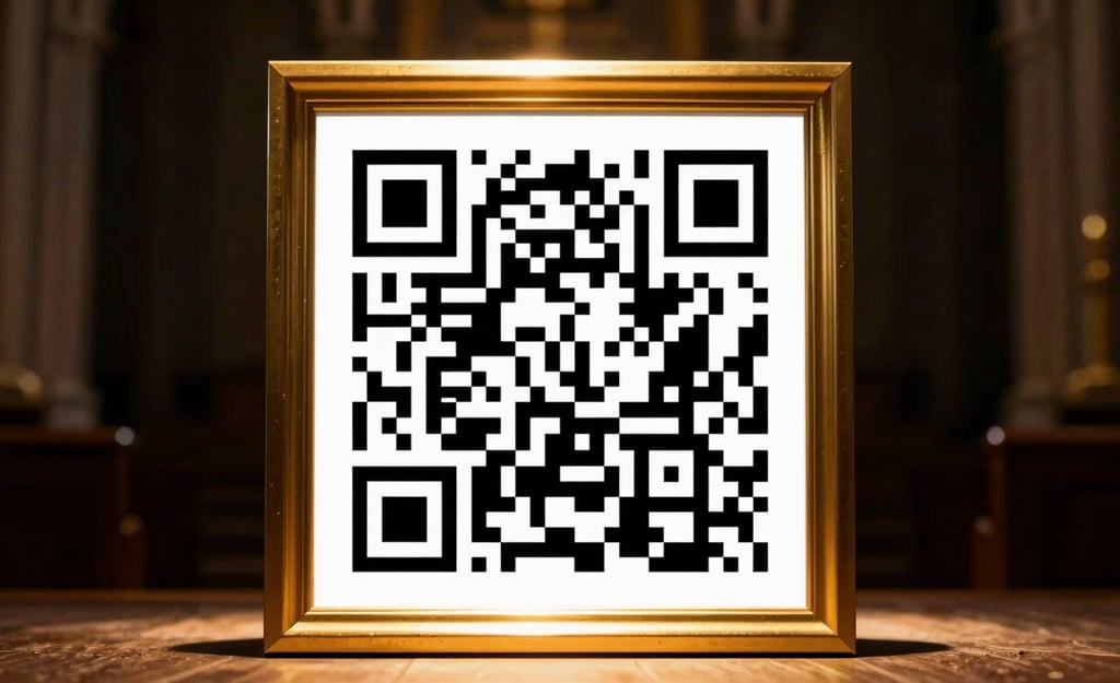 A sharp black and white QR code displayed on a clean surface, framed by a polished golden border, warm dramatic lighting, high contrast