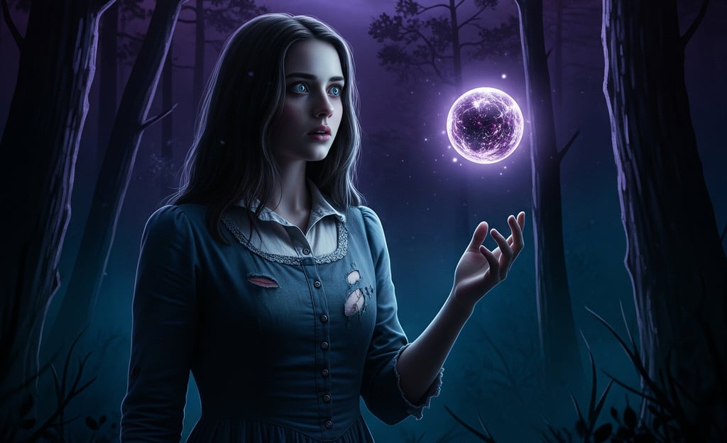 a woman holding a crystal ball in a forest