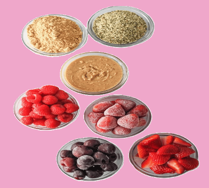 Ingredients for mixing into a chocolate protein shake for various flavour