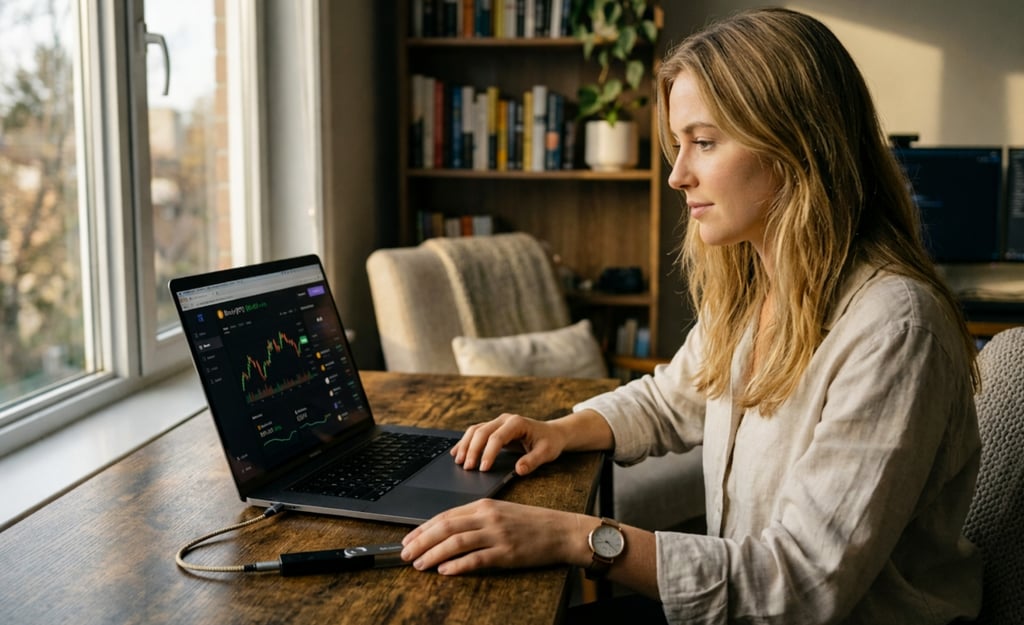 Mulher loira em um escritório doméstico premium, analisando gráficos de criptomoedas em um notebook conectado a uma carteira