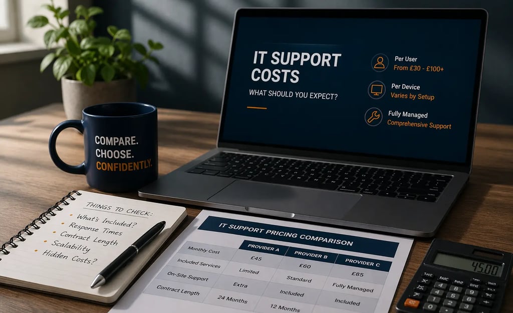 Laptop displaying IT support pricing alongside comparison notes and calculator on office desk