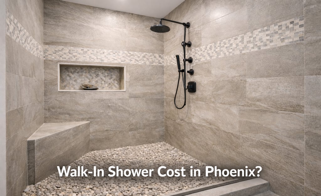 Modern walk-in shower with natural stone tile, pebble flooring, and matte black fixtures for a luxury bathroom remodel.