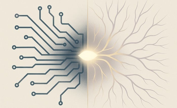Illustration of a neural network, half circuitry and half organic filaments.