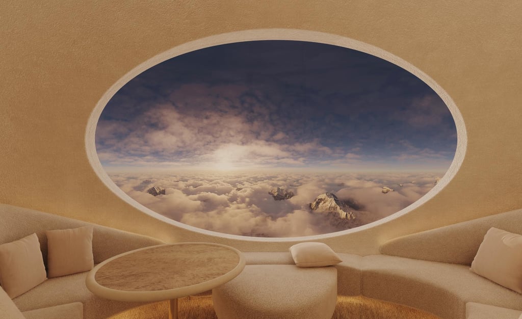 Aircraft lounge interior – Cozy, modern aircraft lounge with beige seating and a large window view o