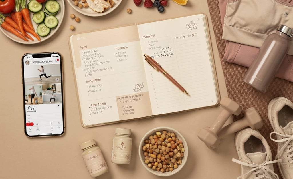 Flat lay con taccuino e smartphone su un tavolo