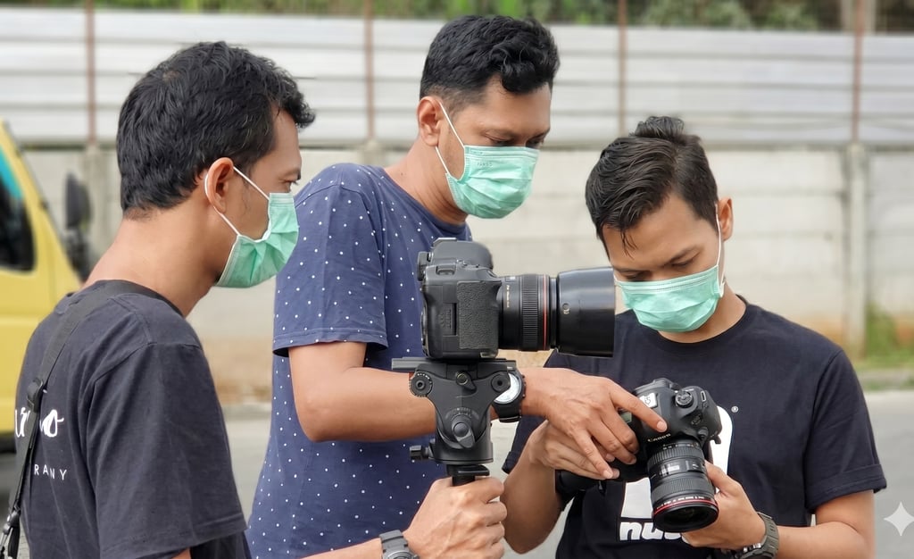 Professional photographers wearing masks review photos on Canon DSLR cameras during an outdoor shoot.