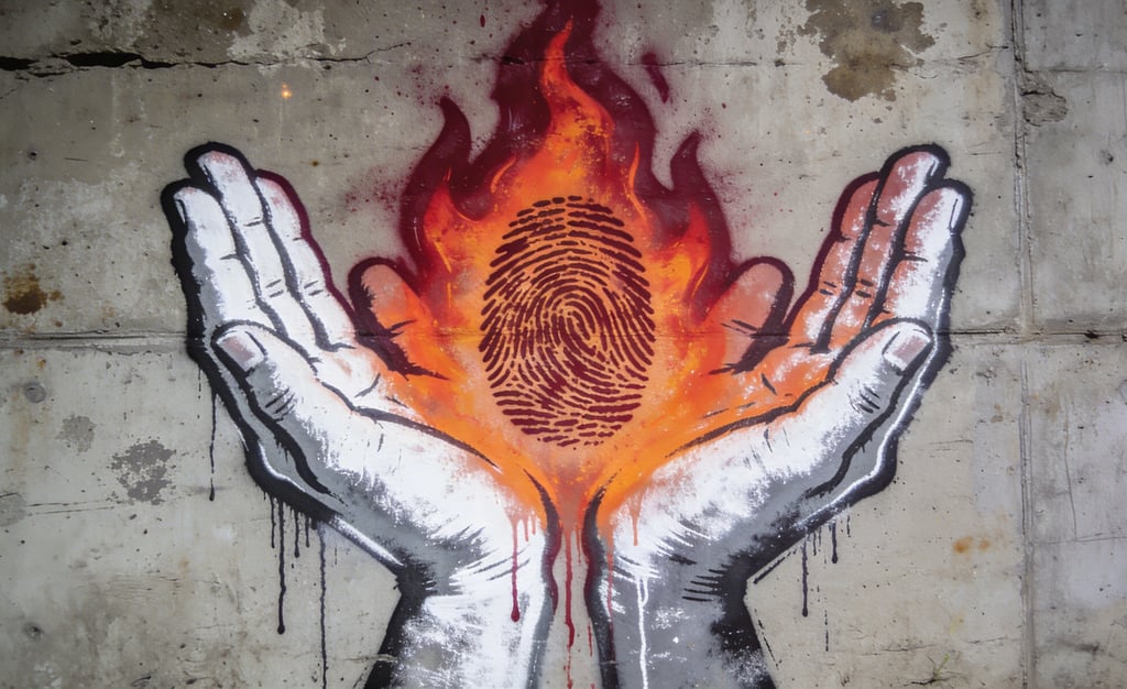 Two palms facing upwards holding a flame with a human fingerprint