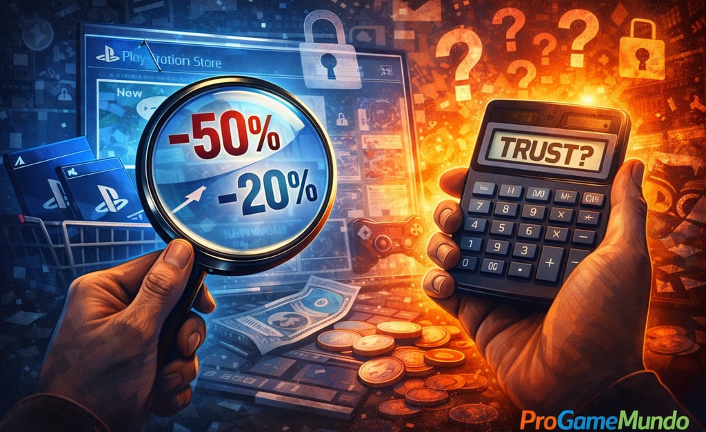 Mãos seguram lupa e calculadora diante de descontos e símbolos de dúvida na loja digital.