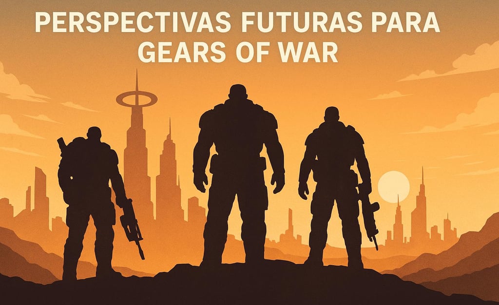 Soldados olhando para cidade futurista no pôr do sol.
