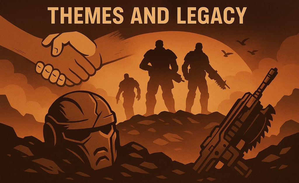 Capacete, arma e soldados representando o legado de Gears of War.