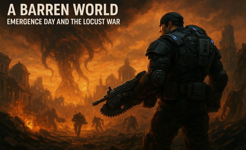 Soldado armado em cenário destruído no início de Gears of War.