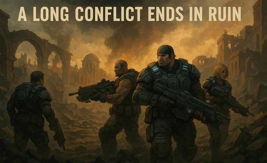 Soldados caminham entre ruínas após guerra em Gears of War.