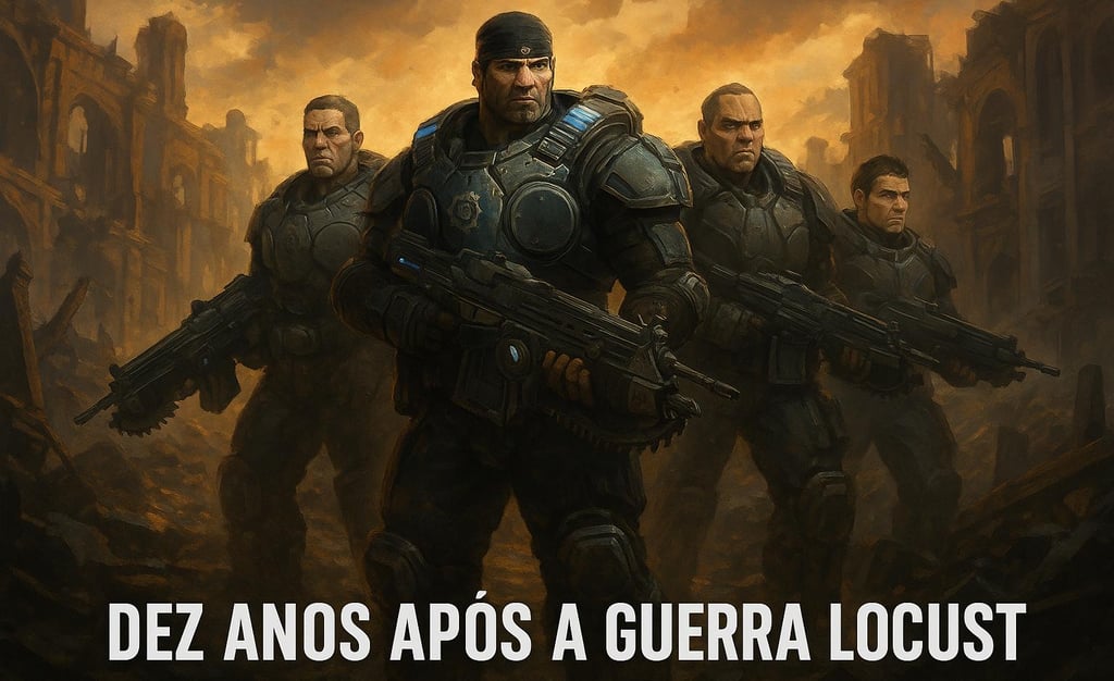 Equipe liderada por Marcus Fenix entre escombros, dez anos após a guerra.