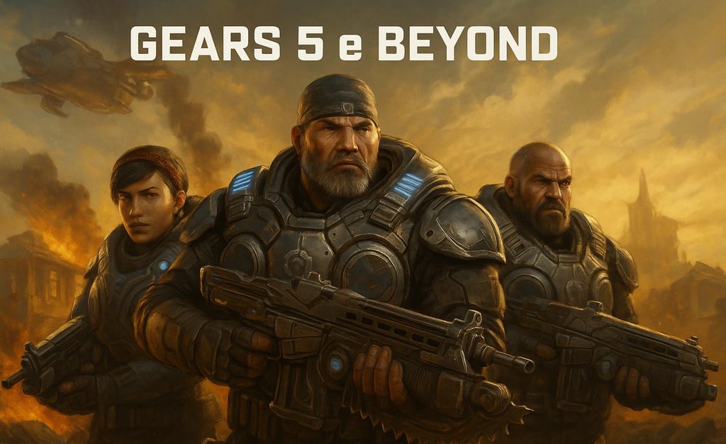 Protagonistas de Gears 5 em ambiente de guerra.