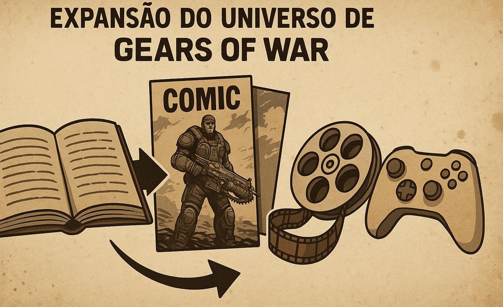 Ícones de livros, quadrinhos, filme e videogame representando o universo Gears of War.