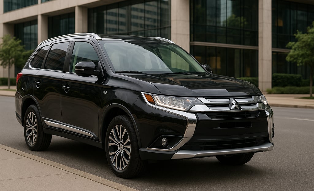 Mitsubishi Outlander GT V6 2019 preto estacionado em avenida urbana moderna, com prédios ao fundo