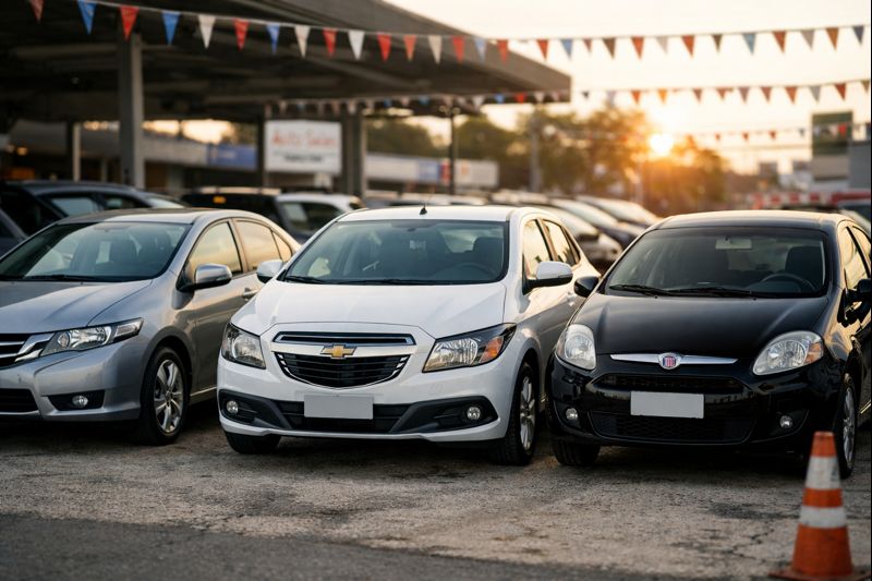 Carros usados expostos em loja, modelos populares alinhados em pátio de revenda ao entardecer