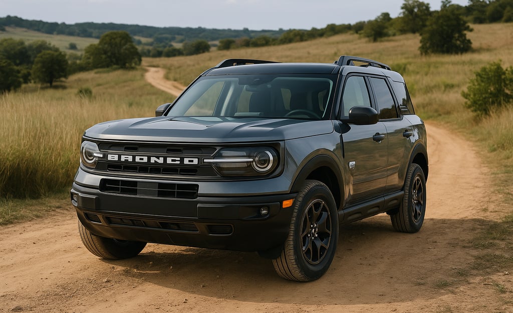 Ford Bronco Sport 2025 metálico em cenário off-road, estacionado em trilha de terra com vegetação ao