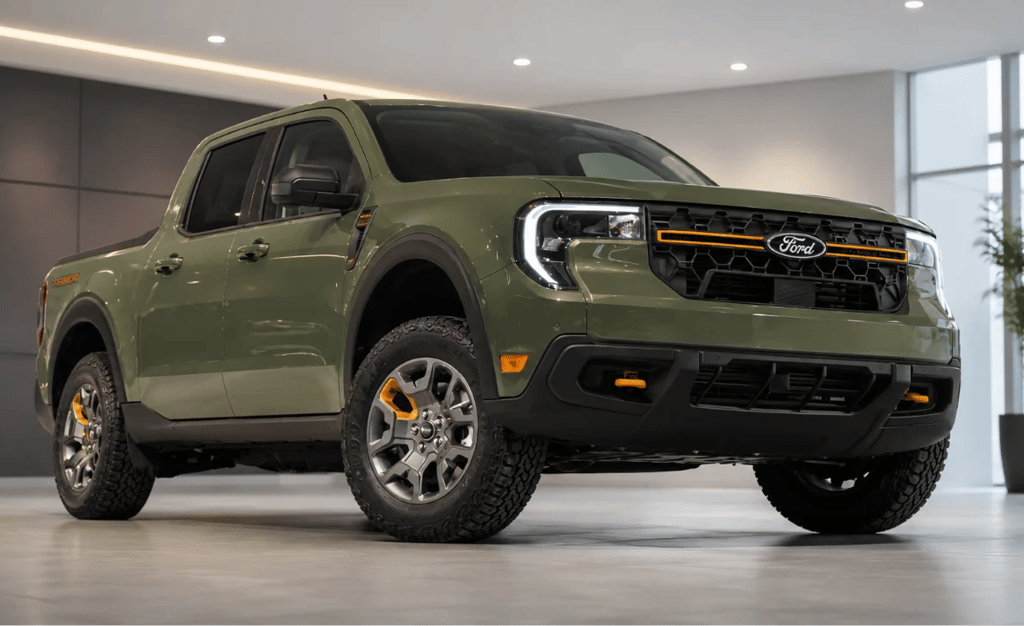 Ford Maverick Hybrid 2026 em showroom moderno com nova cor e visual renovado
