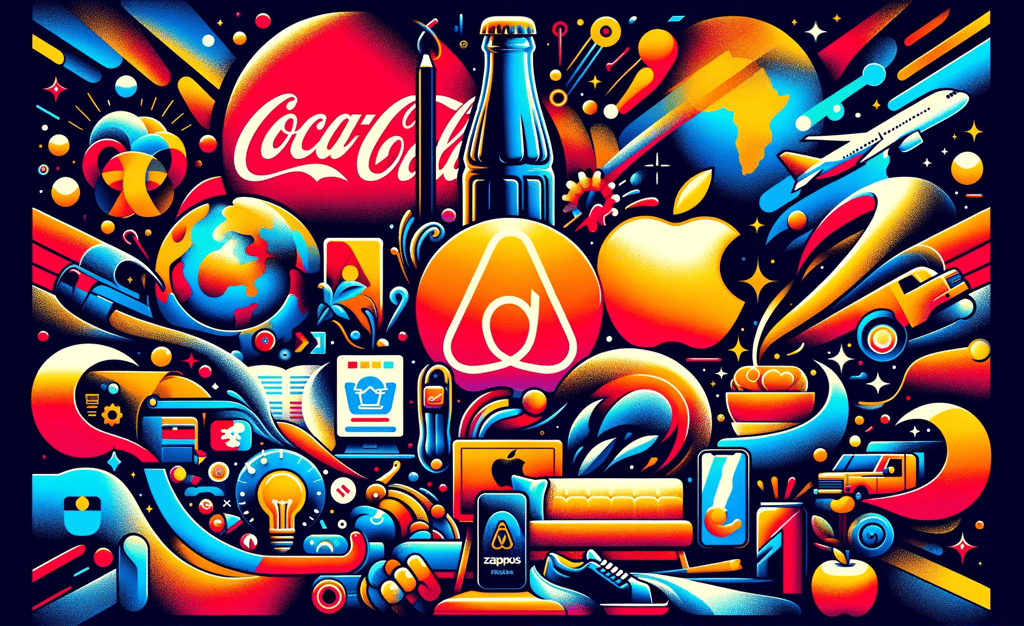a colorful poster of a coca cola, apple and airbnb logos