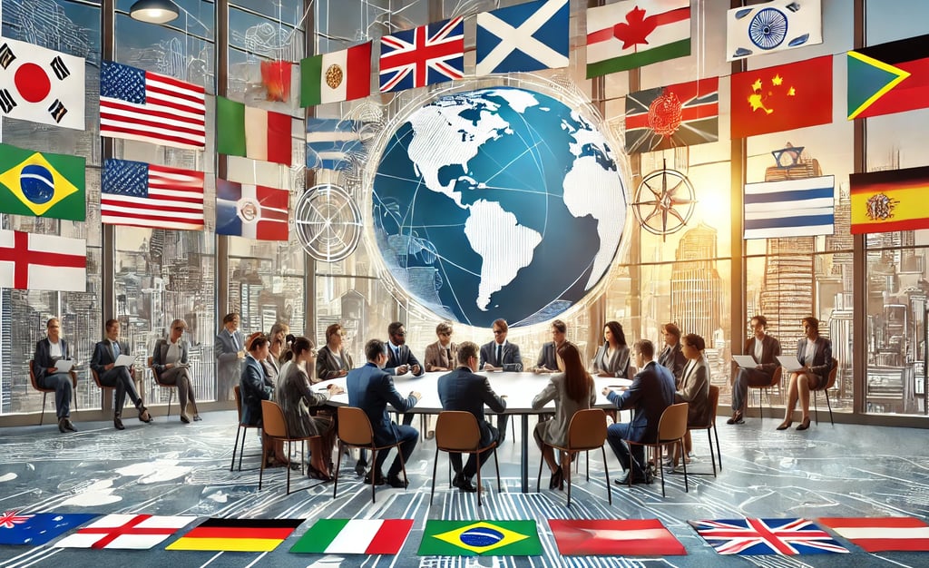 a group of business people sitting around a table with flags