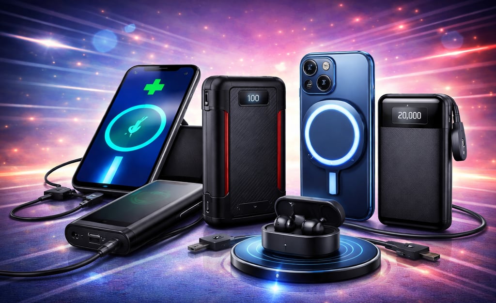 Portable power banks and wireless chargers charging a smartphone and earbuds on a glowing background.