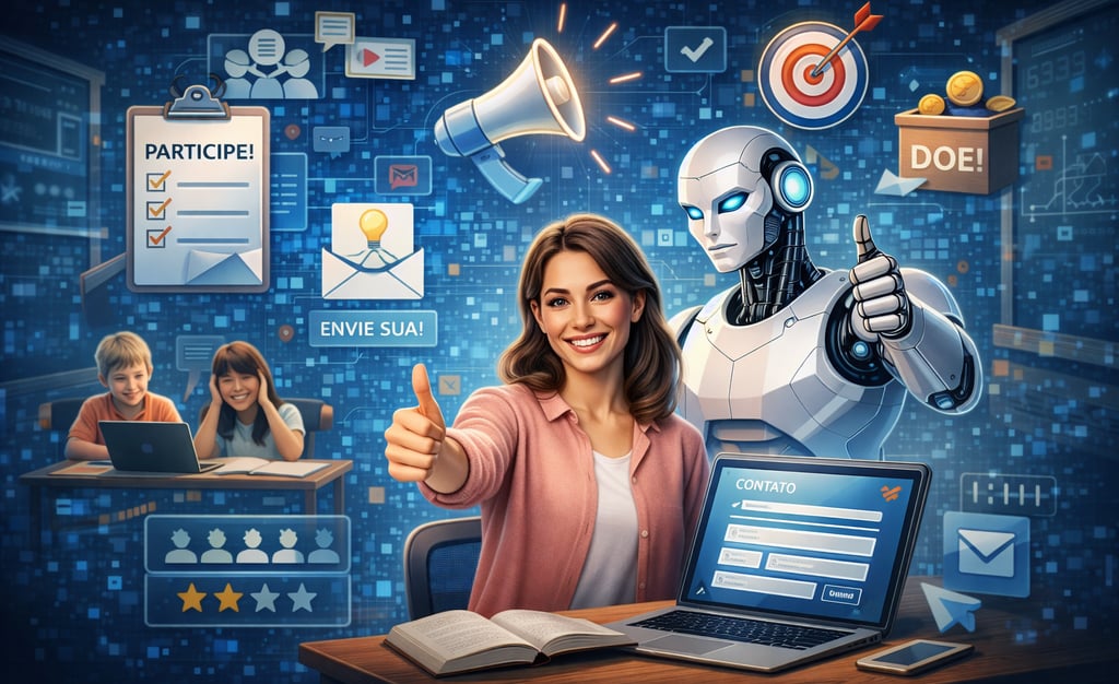 Uma mulher sorridente e um robô com inteligência artificial fazendo sinal de positivo em um ambiente