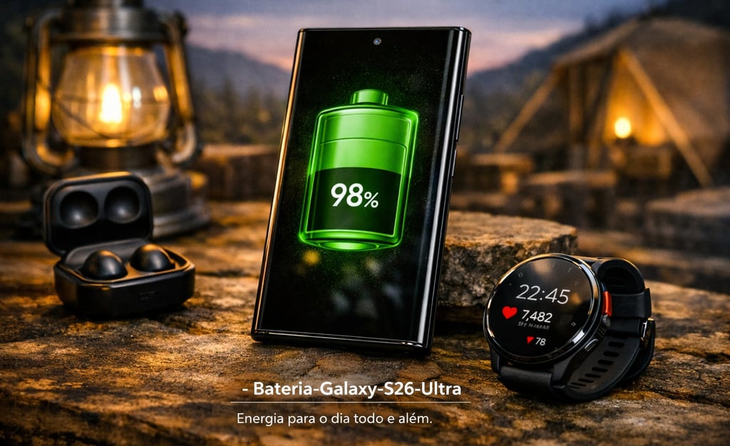 Smartphone Samsung Galaxy S26 Ultra com 98% de bateria restante