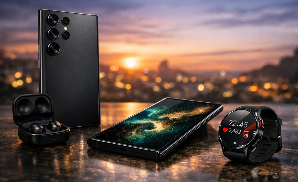 Smartphone Samsung Galaxy, smartwatch e fones de ouvido sem fio em um cenário urbano