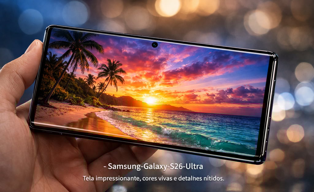 O Samsung Galaxy S26 Ultra exibe uma vibrante cena de pôr do sol tropical em uma praia