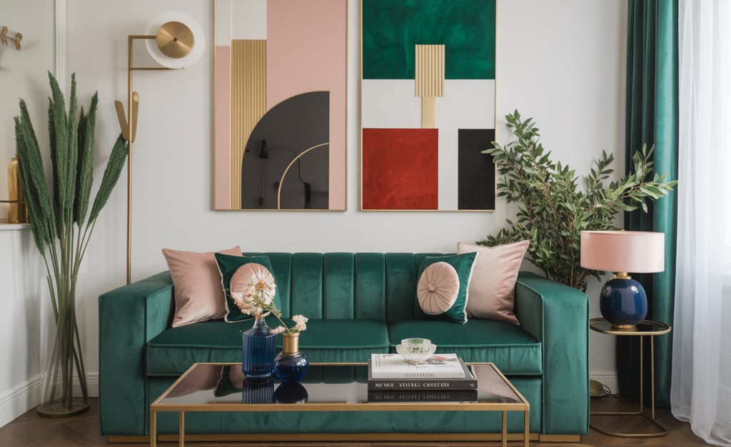 Modern living room with green velvet sofa, abstract art prints, and gold coffee table decor.