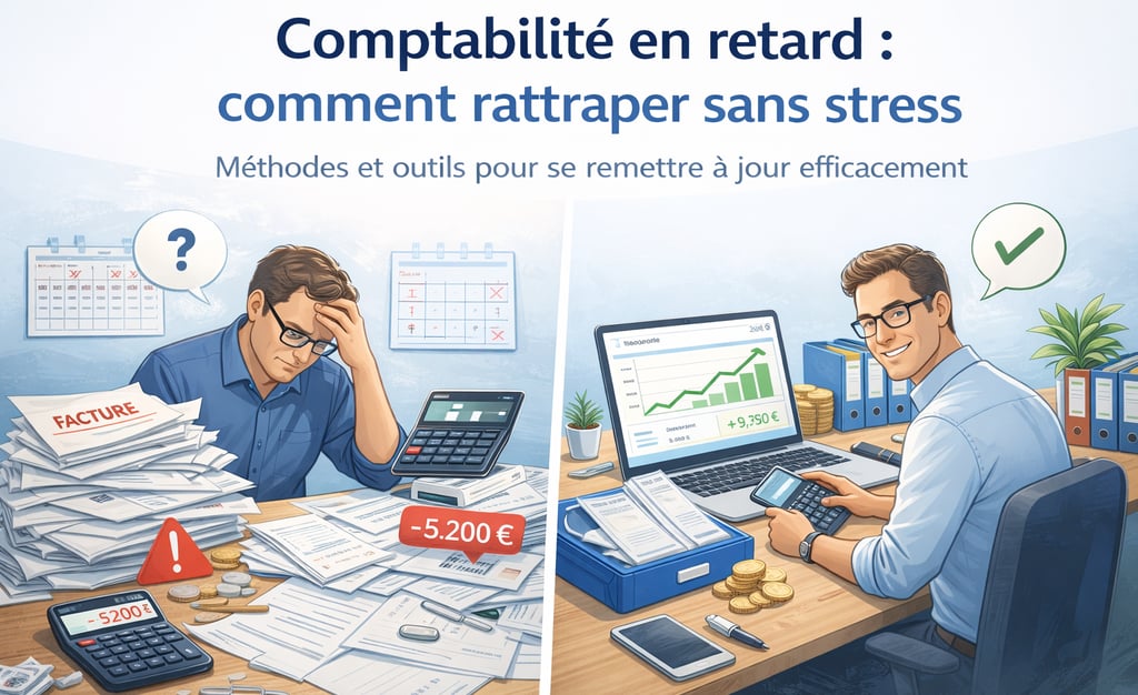 Illustration montrant un dirigeant débordé par une comptabilité en retard puis organisé et serein ap