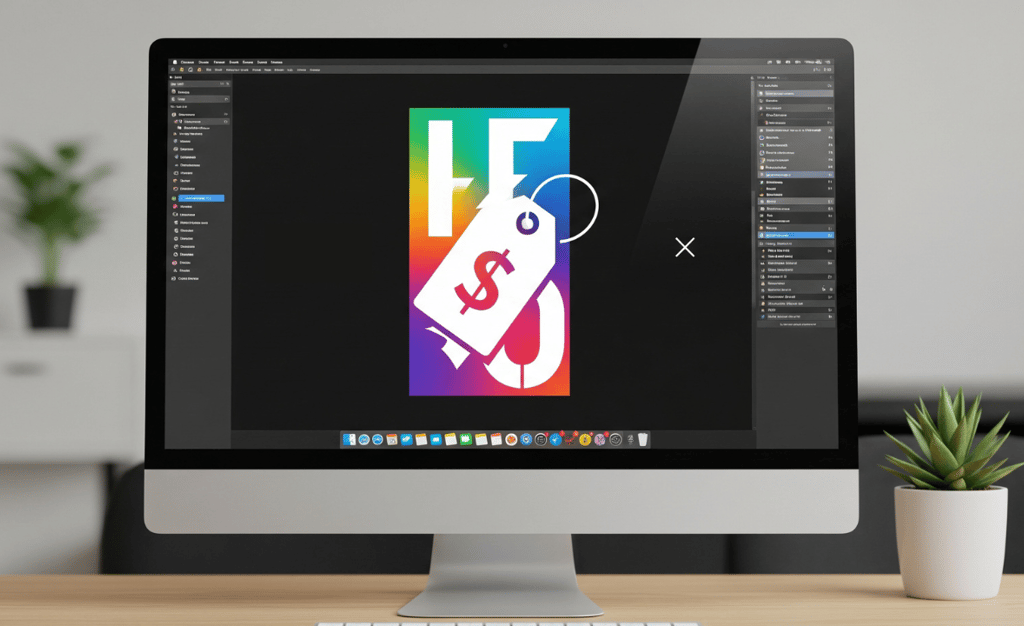 Stylish digital art piece on a computer screen with a price tag symbol.