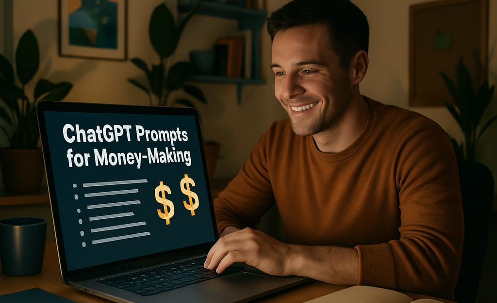 Person using laptop with ChatGPT prompts for making money.