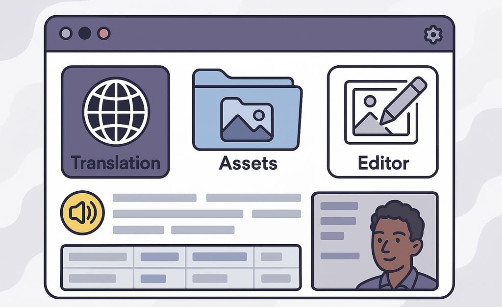 A dashboard graphic with various icons representing features like translation, assets, editor