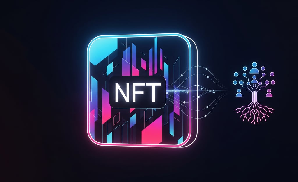 Modern graphic representing an NFT connected to a community symbol.