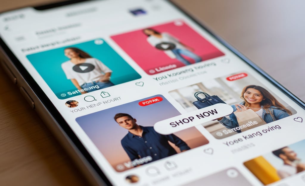 Smartphone screen with vibrant social media feed and "Shop Now" button.