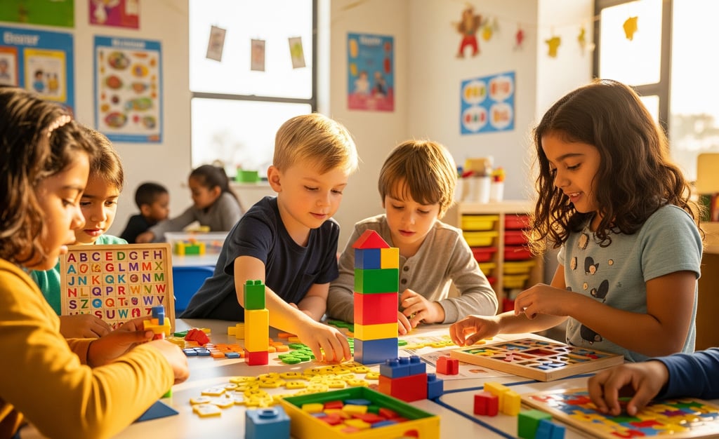 Children engaged in a learning activity with colorful educational materials.