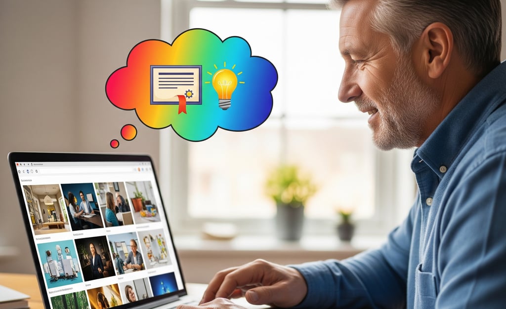 Person happily watching an online course on a laptop with a diploma thought bubble.