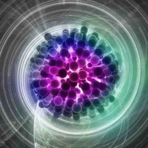 Abstract 3D illustration of an atomic nucleus with glowing purple and blue spheres within a swirl of energy.
