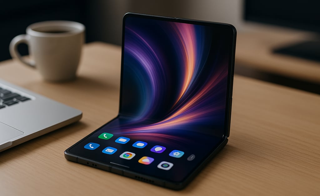 Smartphone dobrável moderno aberto sobre uma mesa de madeira, ao lado de um notebook e uma xícara de