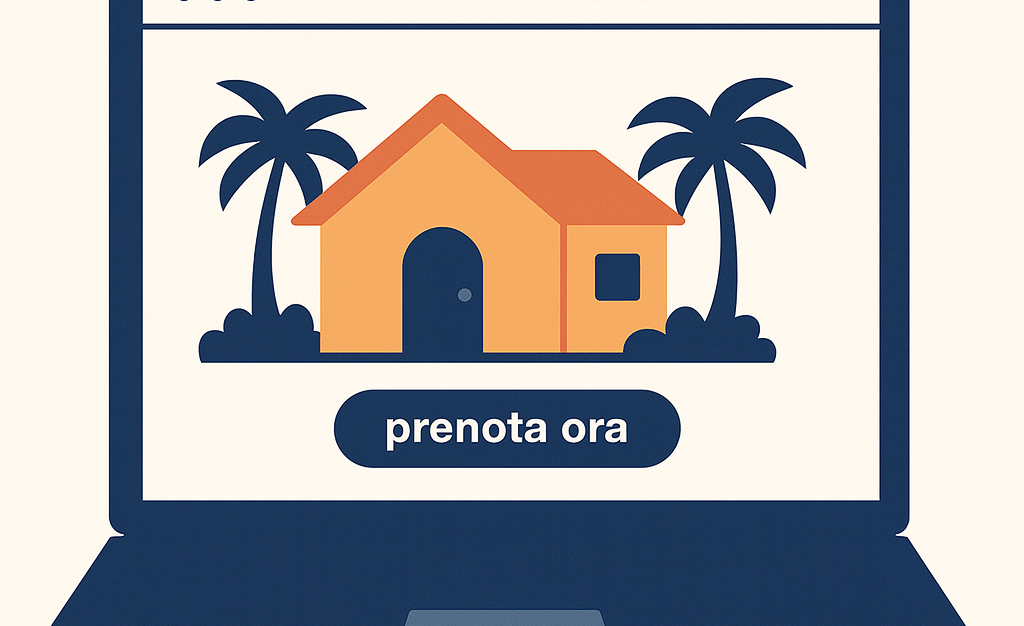 Illustrazione digitale di un laptop aperto che mostra un sito web di casa vacanze con un’icona di casa arancione, palme e pul