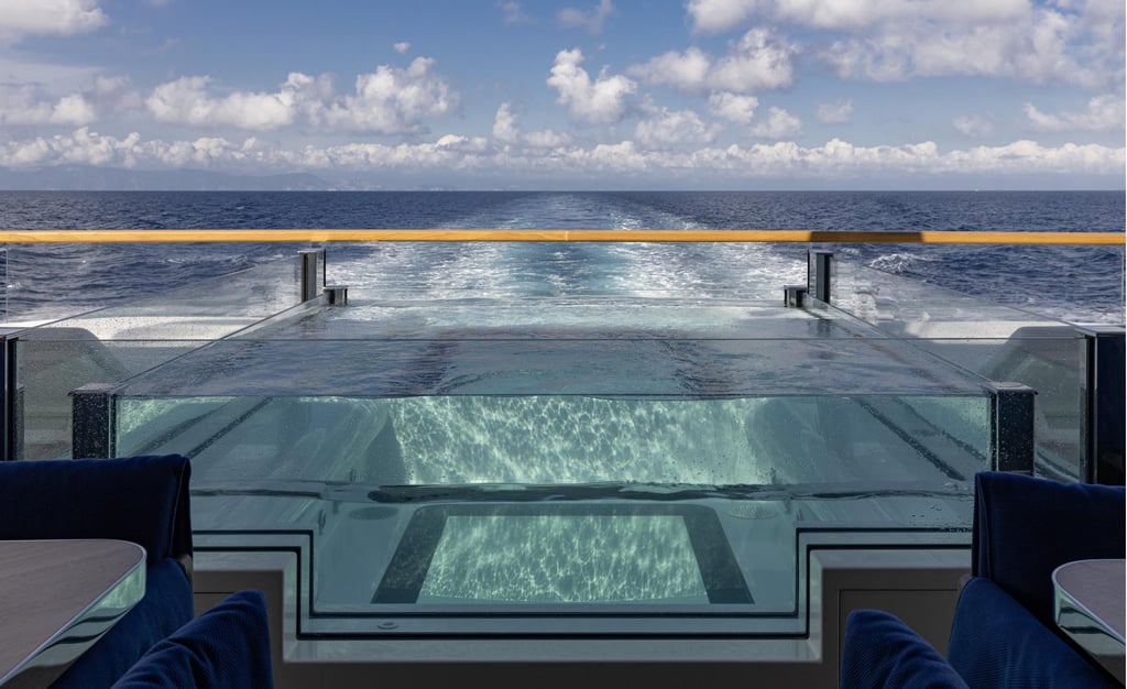 Camper & Nicholsons yacht wellness deck with infinity pool overlooking the open sea.