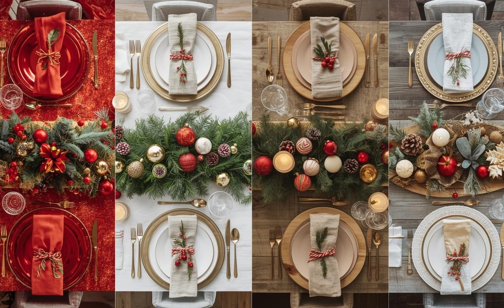 Four Christmas table styles showing classic, modern, rustic, and playful designs.
